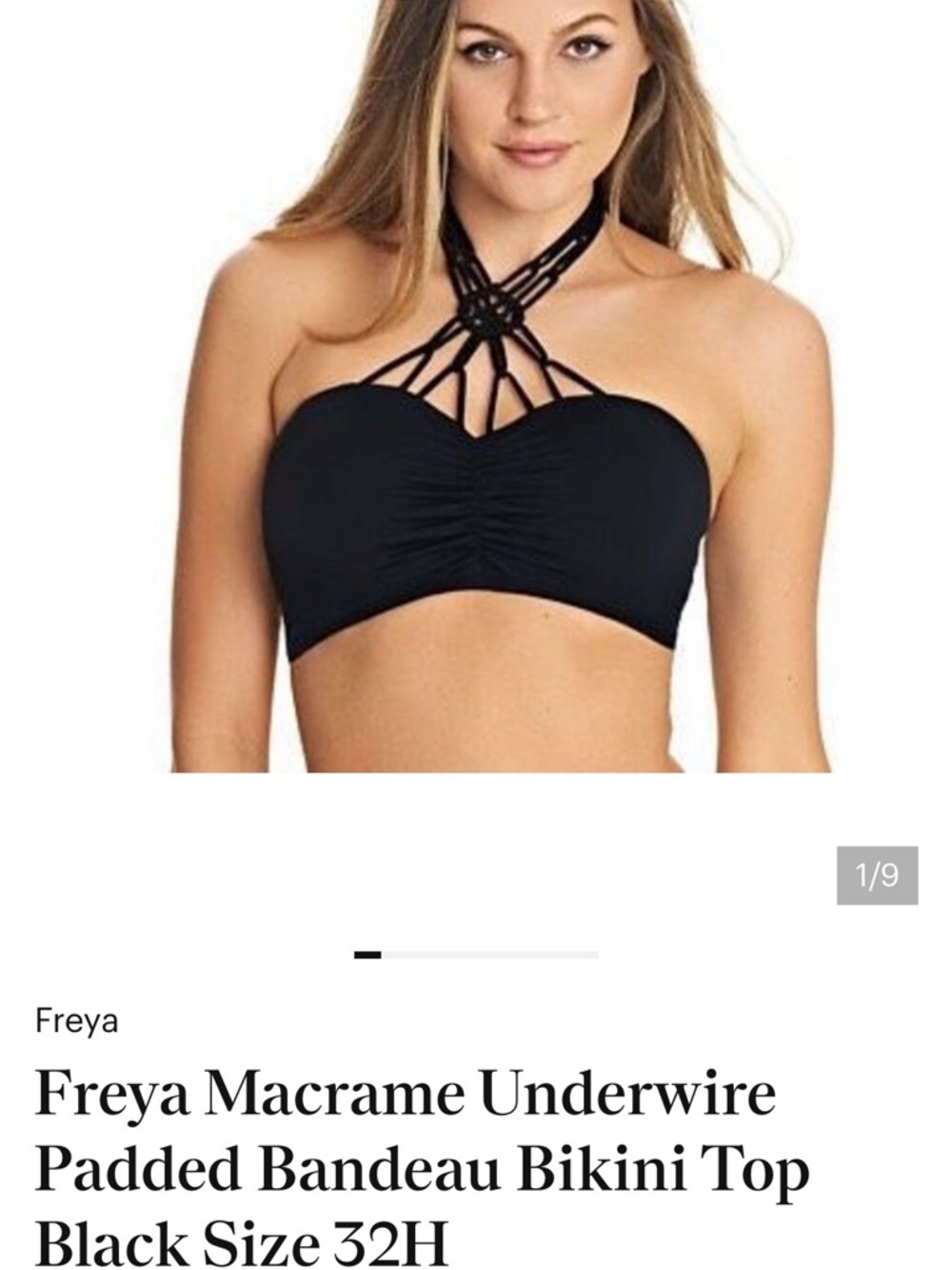 Freya Macrame Underwire Padded Bandeau Bikini Top Black Size 32H